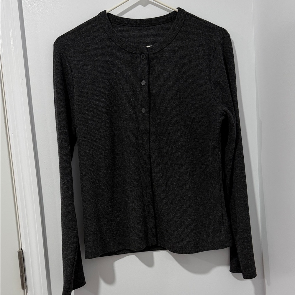 Dark Grey Long Sleeve Button Down Cardigan Classic Knit Sweater Office Wear